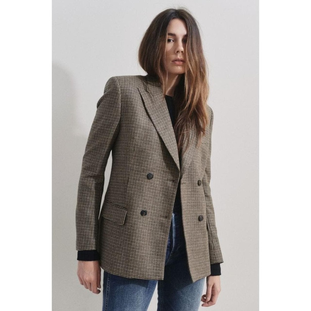 Re/Done 70s Blazer Women Size S Brown Double Breasted Peak Lapel Houndstooth NWT